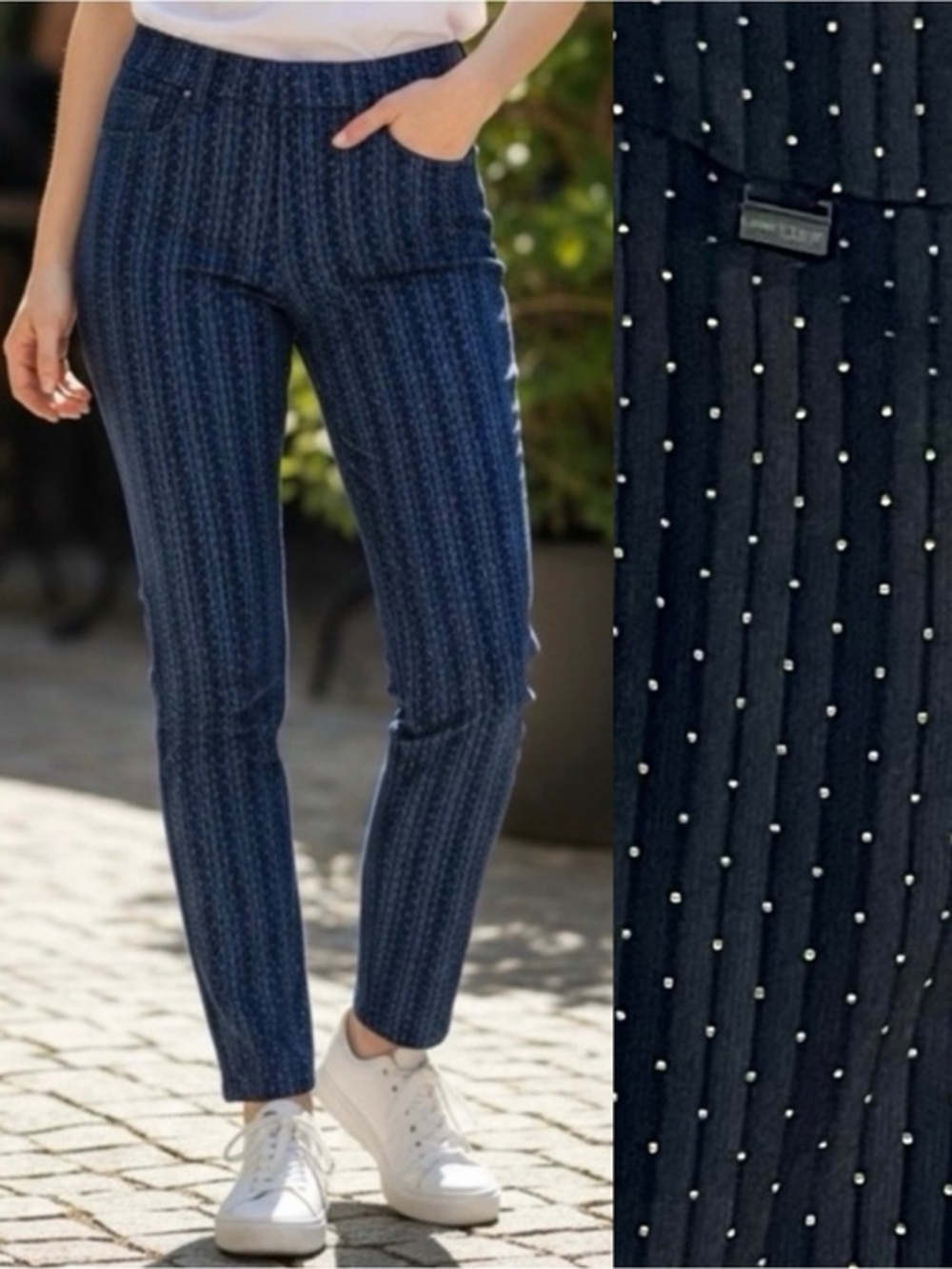Lisette Navy & Gold Metallic Polka Dot Pants